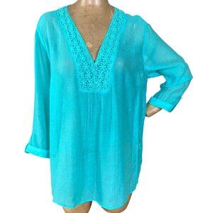 Grande & Greene‎ Tunic Top Lace Button Accents L Turquoise #317G